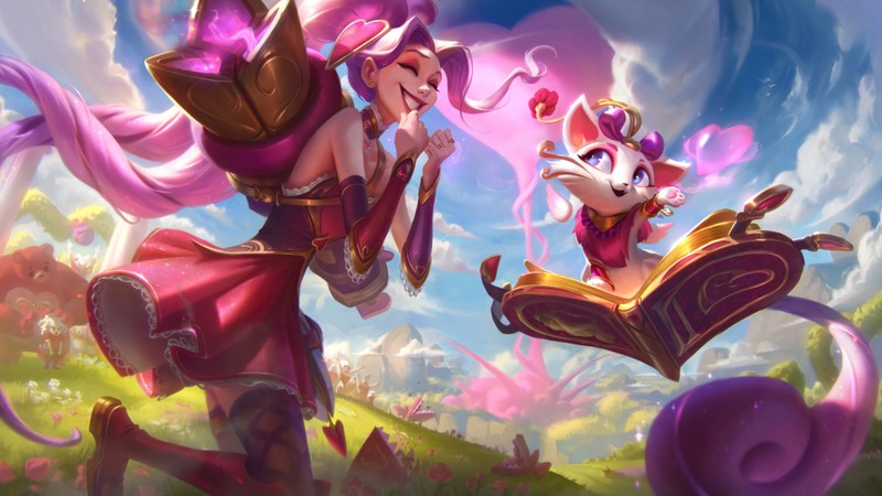 Пара женщин в розовых нарядах играет с котом (искатель сердец, джинкс, jinx, юми, yuumi)