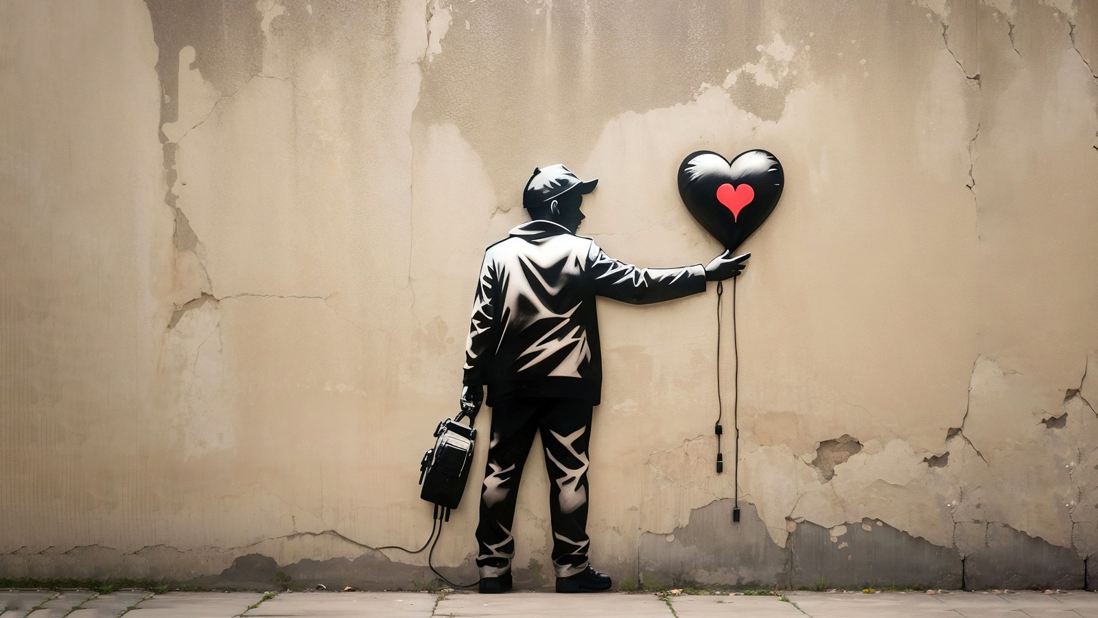 Araff graffiti of a man holding a heart balloon (heart balloon, graffiti, 5k, wall, love)