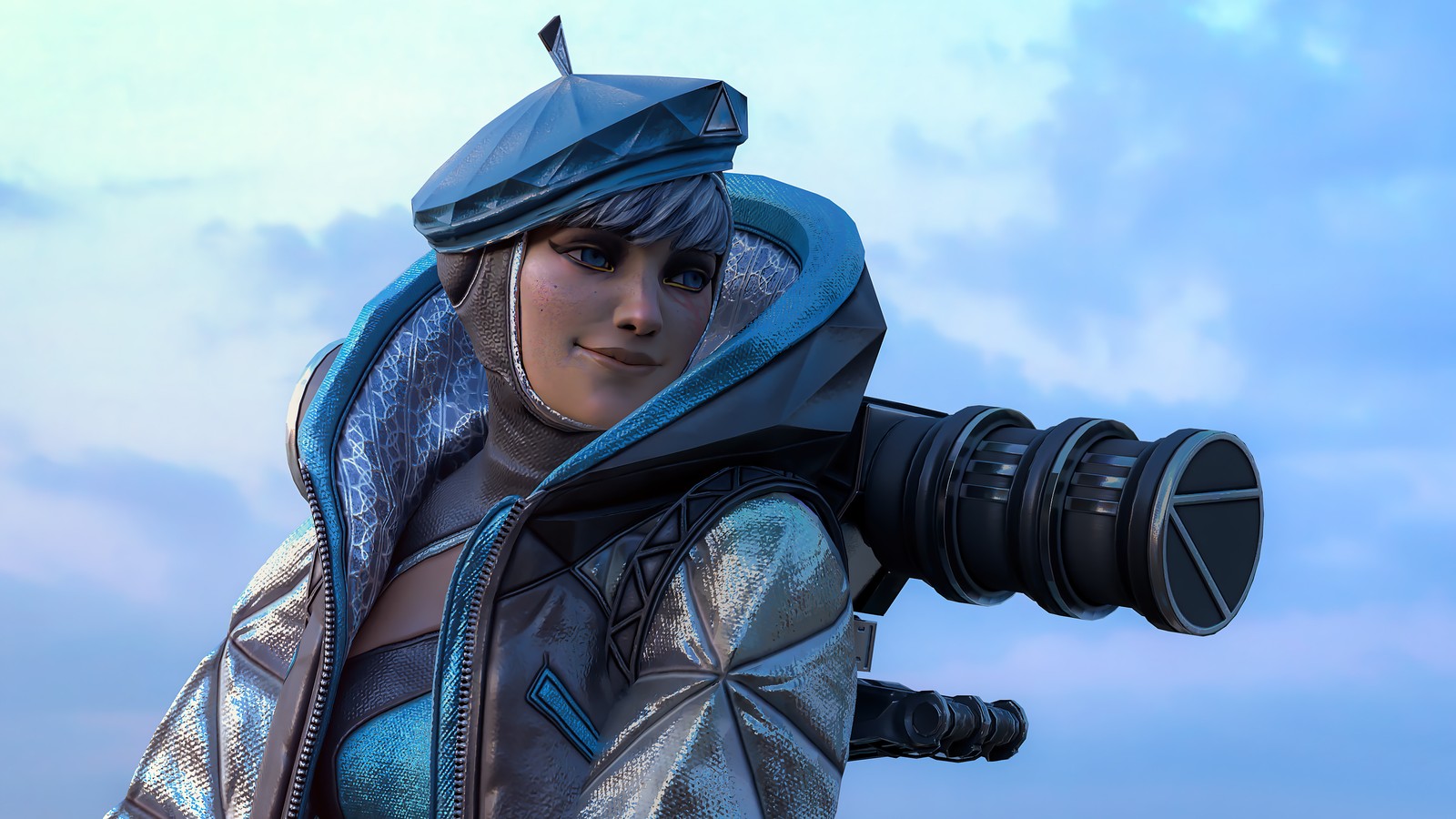 Close-up de uma mulher em uma jaqueta prateada segurando uma câmera (apex legends, jogo de vídeo, wattson, queda alta)