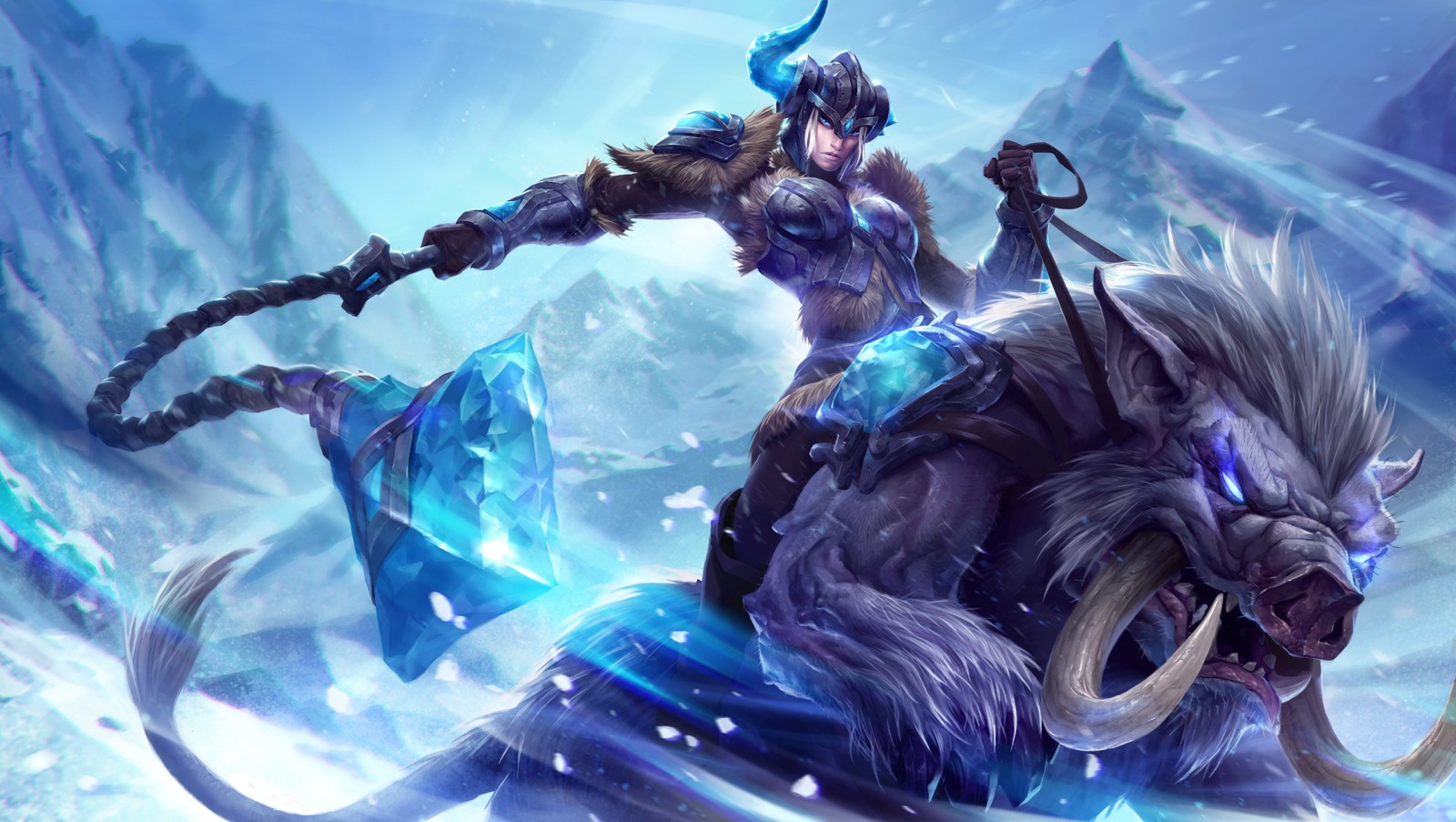 Un hombre montando un gran animal en un área nevada (league of legends, sejuani lol, 5k, juegos, fondo de pantalla 4k)