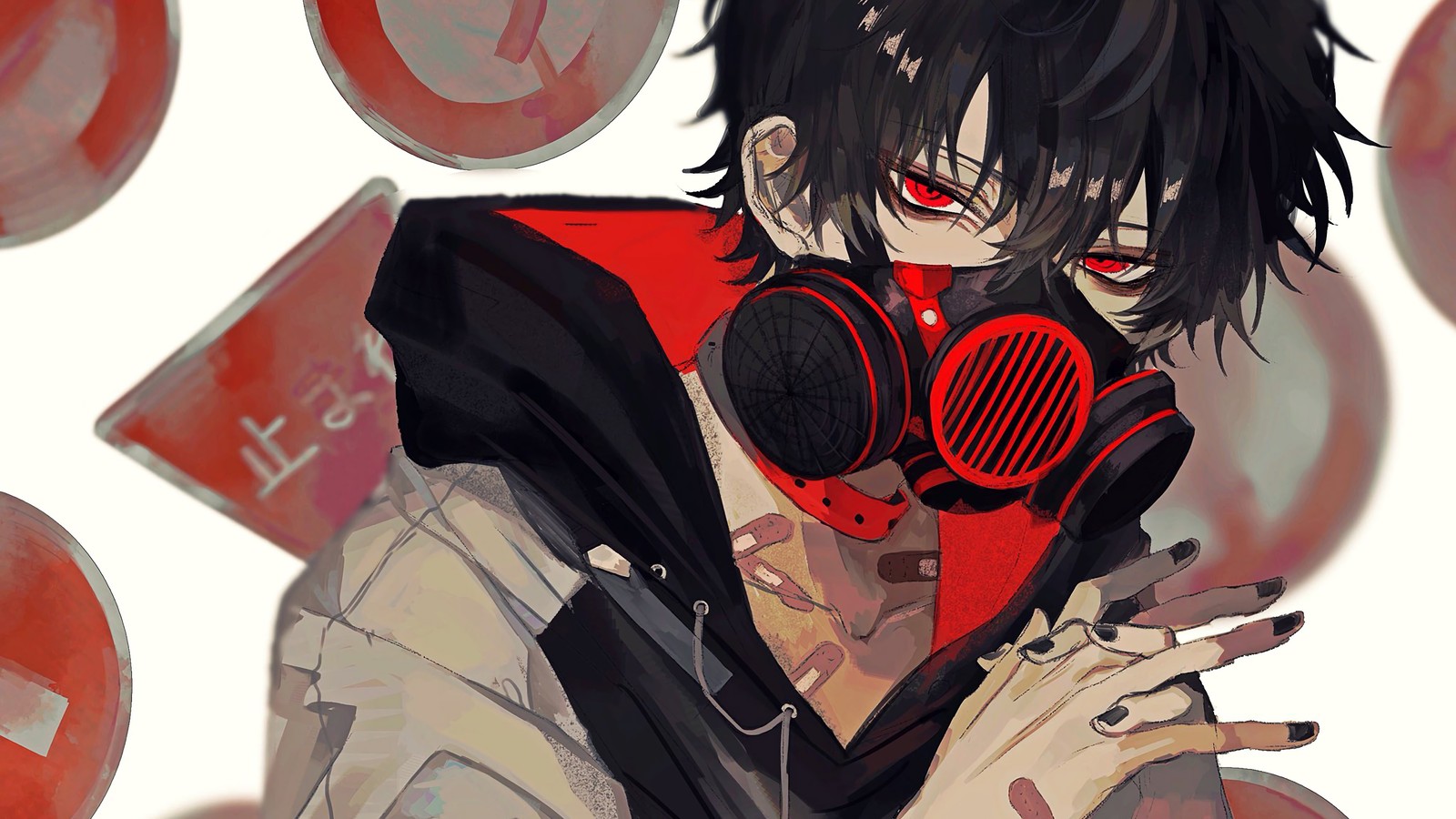 Anime, guy with gas mask and red eyes, holding a cell phone (anime, boy, gas mask)