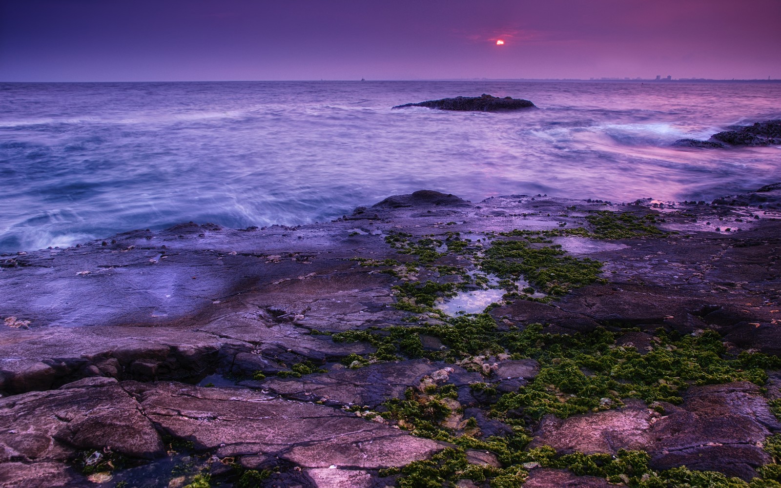 Uma vista ampla de um pôr do sol sobre o oceano com rochas e plantas (paisagem marinha, costa, por do sol, oceano, céu da noite)