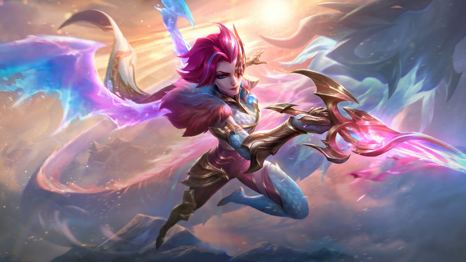 Une femme avec des cheveux roses et une épée à la main (dragonmancien, fiora, league of legends, jeu vidéo, lol)