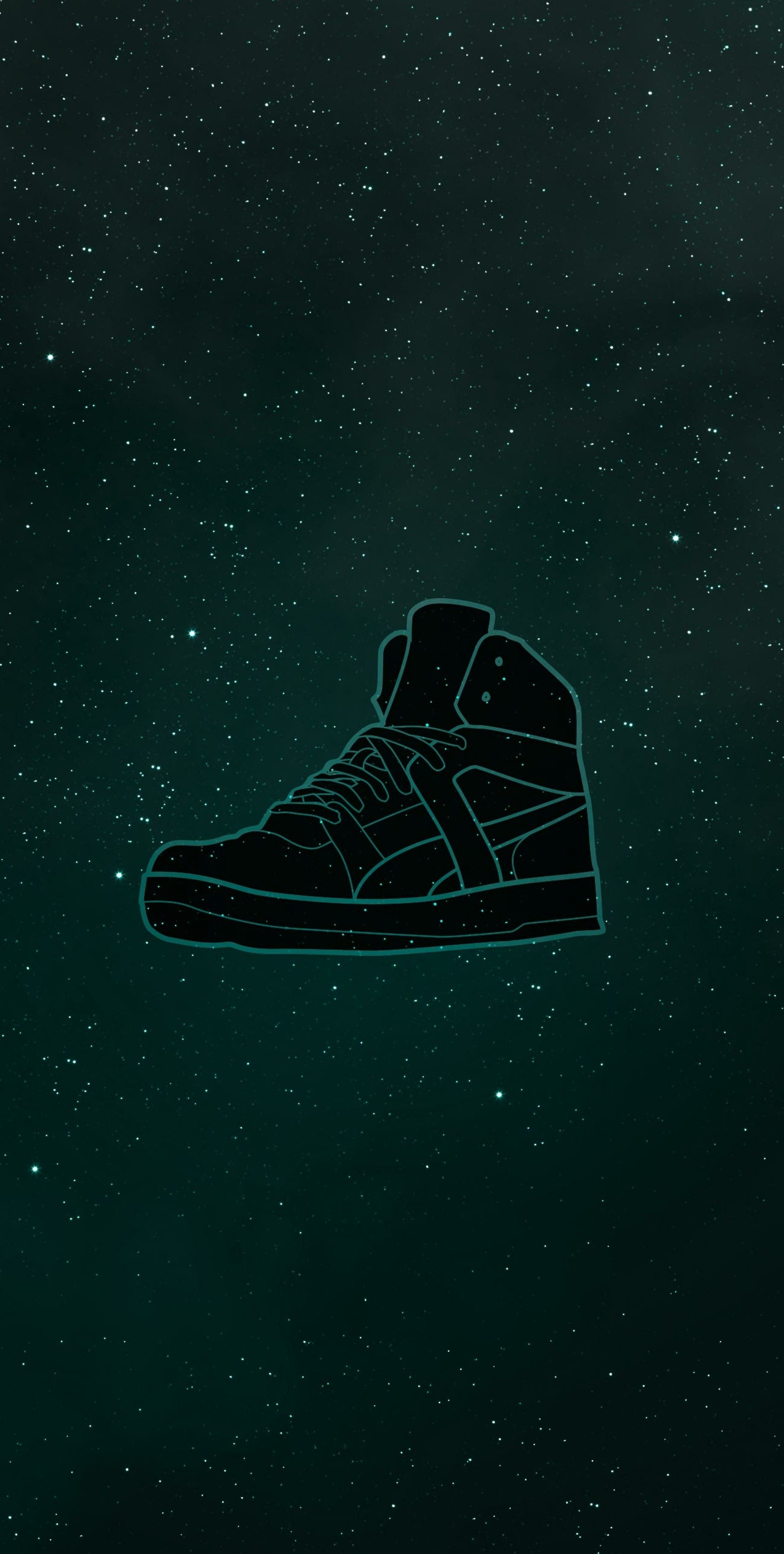 Un primer plano de un par de zapatillas sobre un fondo estrellado. (atmósfera, astronomía, calzado, zapato, zapatillas)