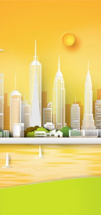 Golden Urban Skyline: Iconic Landmarks Under a Radiant Sun