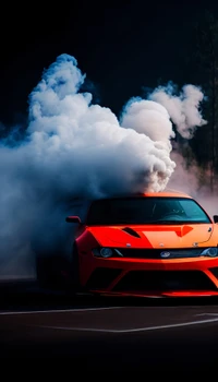 Supercar émettant de la fumée sous un ciel nuageux dramatique