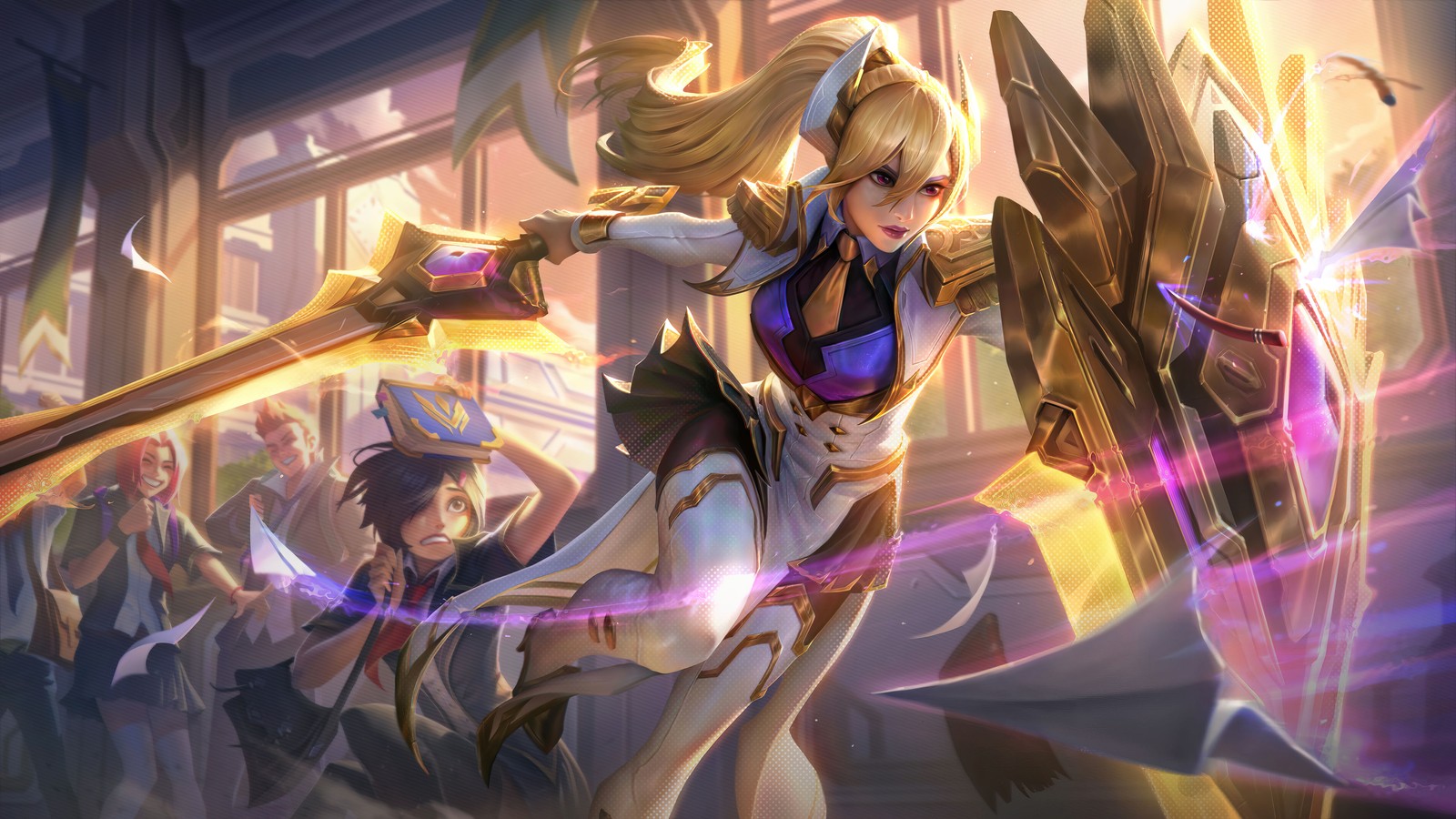 Mulher em um top roxo segurando uma espada e uma espada (battle academia, leona, edição de prestígio, arte visual, lol)