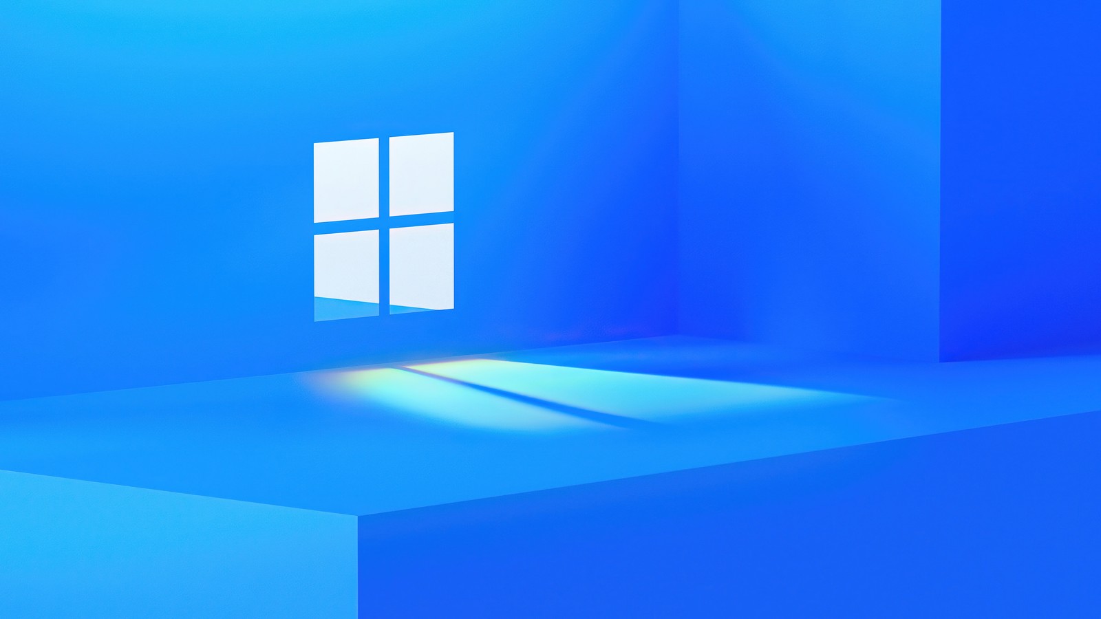 Um quarto azul com uma janela e luz saindo (microsoft, windows 11, os, tecnologia, fundo)