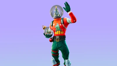 Personagem festivo do Fortnite em traje de Natal com globo de neve