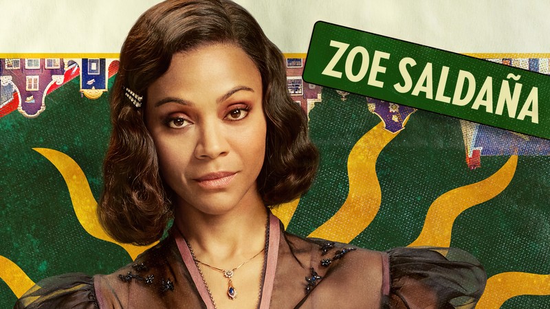 Крупный план женщины с знаком перед ней (зои салдана, zoe saldana, амстердам 2022, фильм)