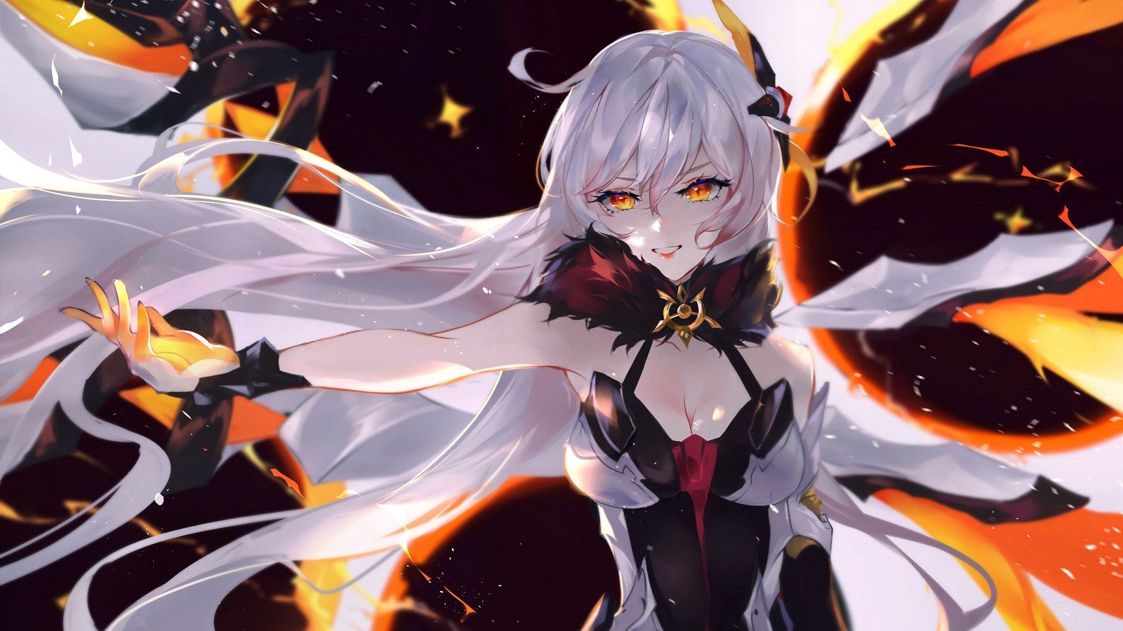 Anime, anime girl, black and white, long hair, dress, wings, fire, fire (anime girls, anime, beautiful, white hair, kiana kaslana)