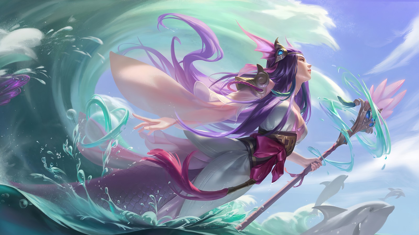 A woman in a purple dress riding a wave with a spear (nami, splendid staff, league of legends, lol, video game)