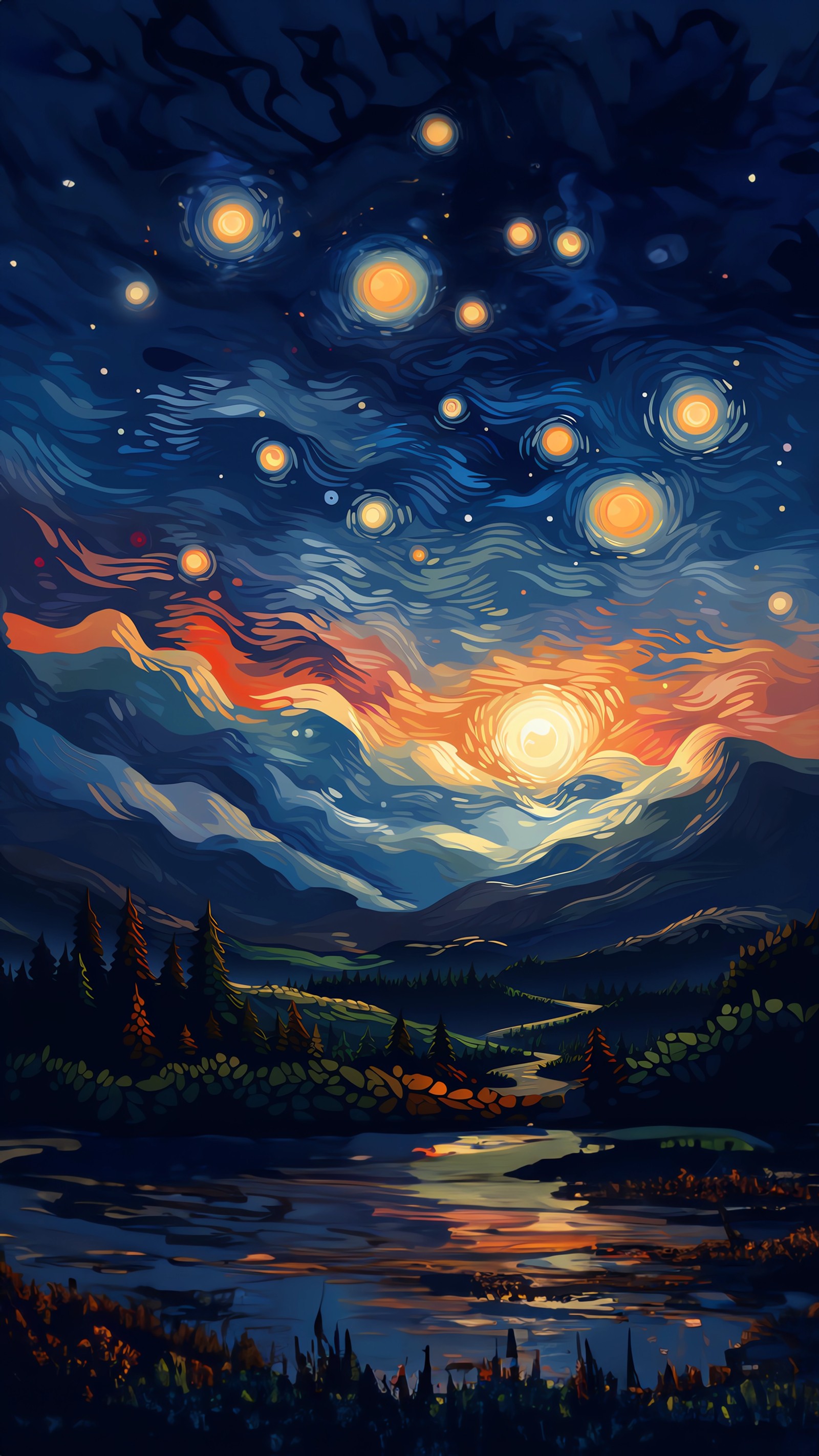 Pintura de um céu noturno com estrelas e um rio (telefone, pintura, água, atmosfera, recursos hídricos)