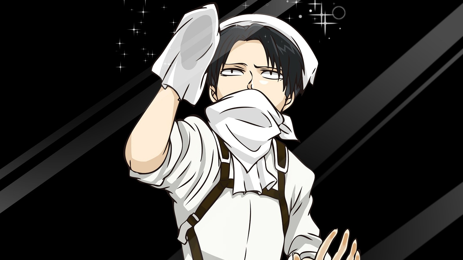 Personaje de anime con una camisa blanca y pantalones negros sosteniendo un guante blanco (limpieza, attack on titan, shingeki no kyojin, anime)