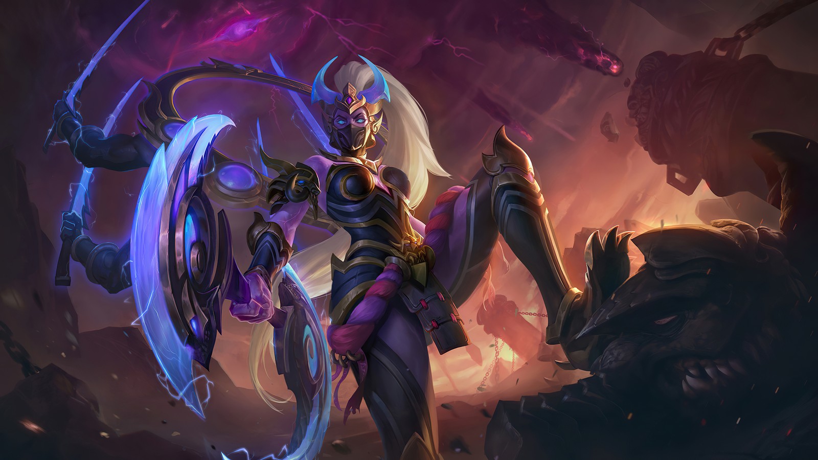 Une femme en tenue violette tenant une épée et un démon violet (hanabi, rakshesha, peau, mobile legends, bang bang)