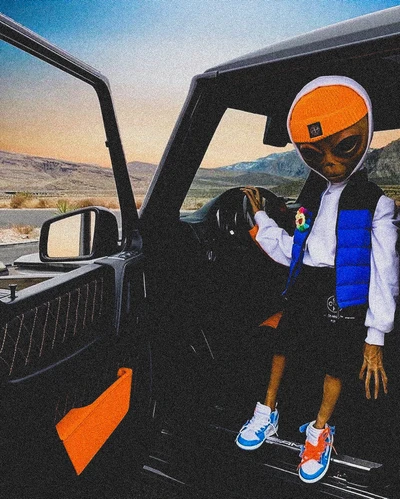 Stylized Alien Figure in a Luxury SUV Against a Desert Landscape