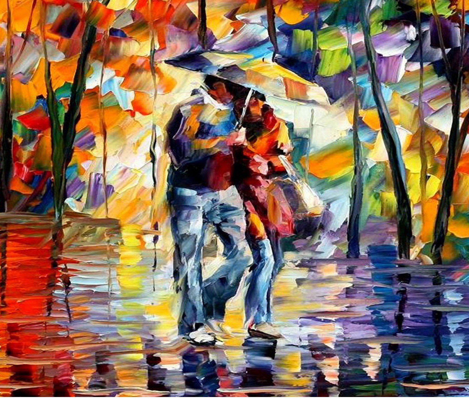 Peinture d'un couple marchant sous la pluie avec un parapluie (abstract couple, amour)