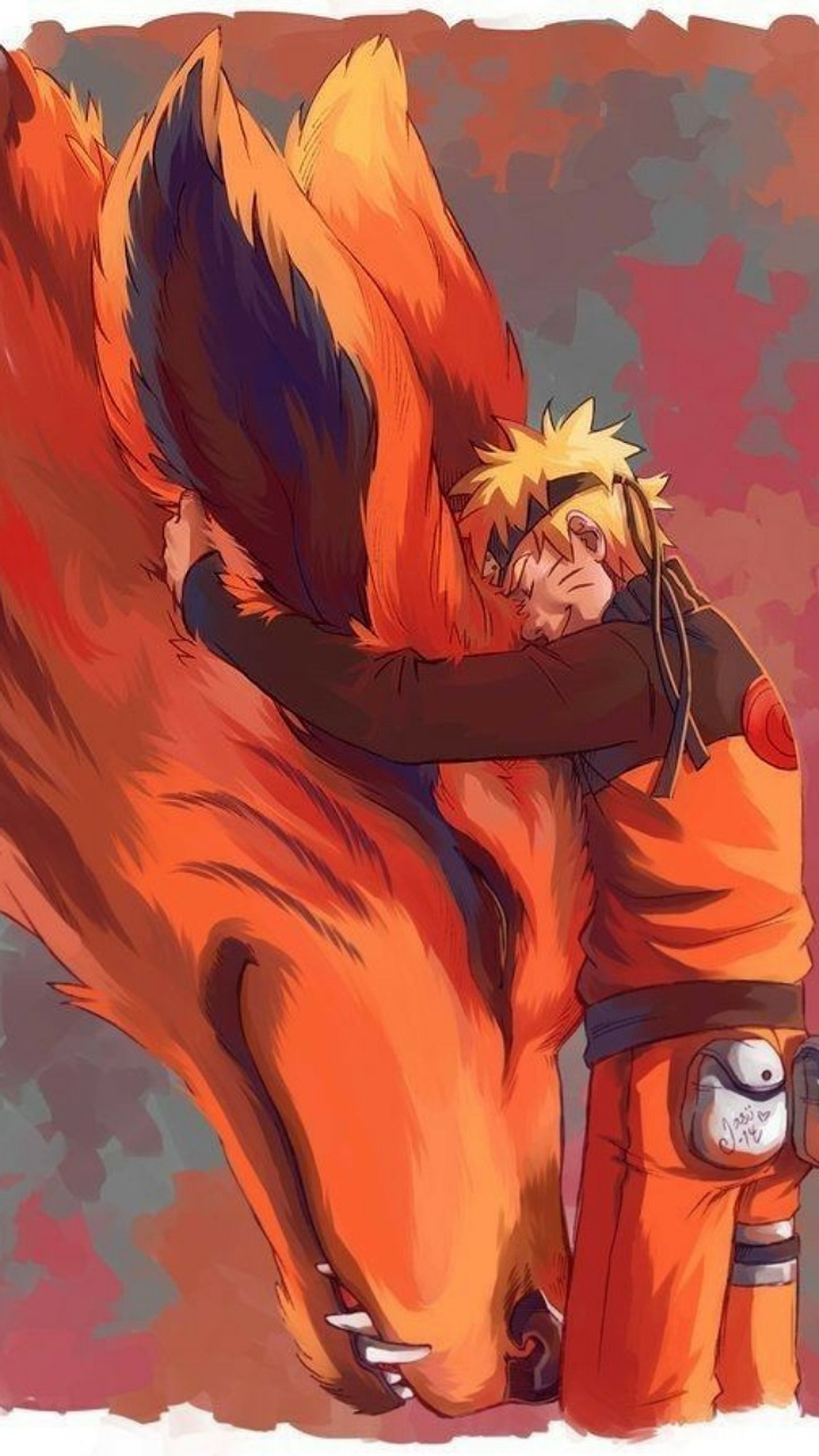 Uma pintura de um homem abraçando um animal gigante com uma câmera (kurama, naruto, ninja)