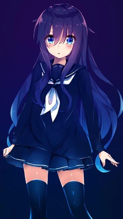 Chica de anime con cabello largo y fluido y llamativos ojos azules, vestida con un uniforme escolar oscuro.