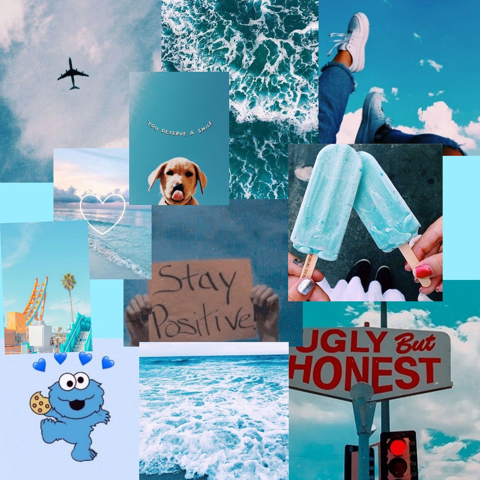 A close up of a collage of pictures with a dog and a sign (aesthetic, aesthetics, blue, blue aesthetic, blue pictures)