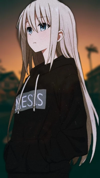 Anime Girl in a Hoodie Against a Sunset Background