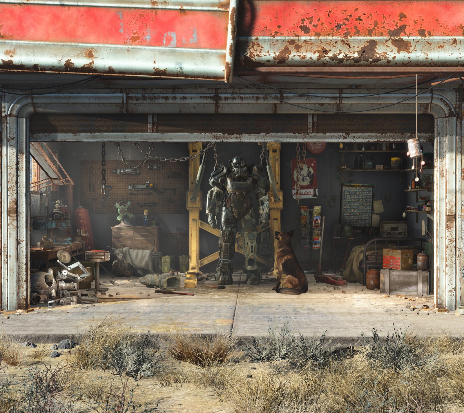 Eine garage mit einem hund und einem roboter im eingang (bethesda, fallout, fallout 4)