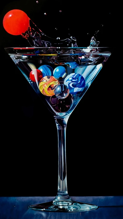 Colorful Marbles Splashing in a Cocktail Glass