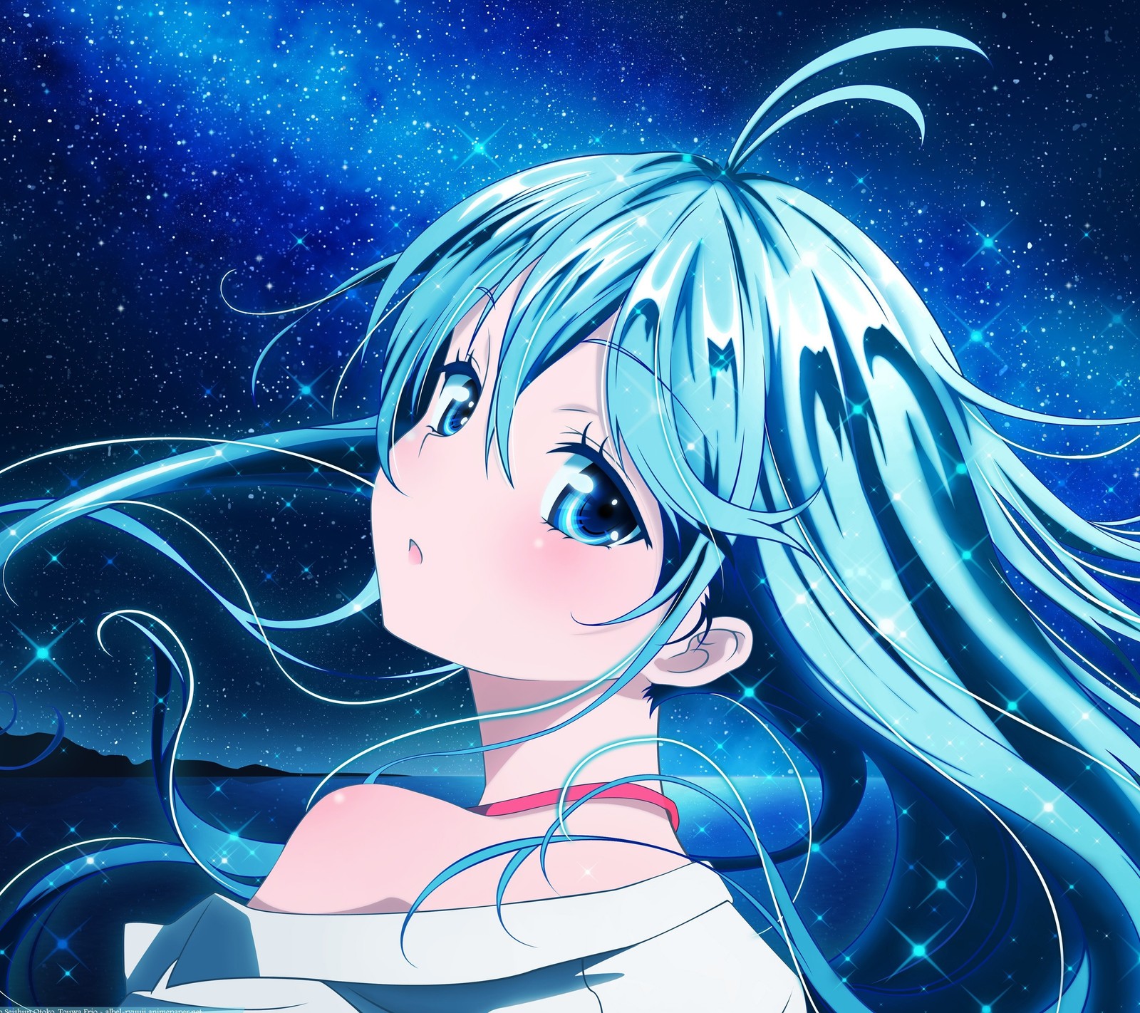 Anime girl with blue hair and white shirt looking at the stars (anime, girl)