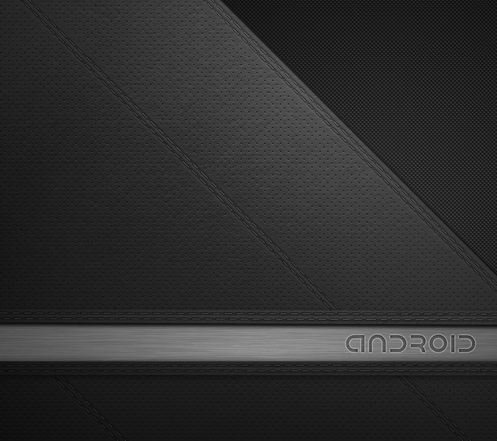 A close up of a black and silver wallpaper with a logo (aluminium, android, leather)