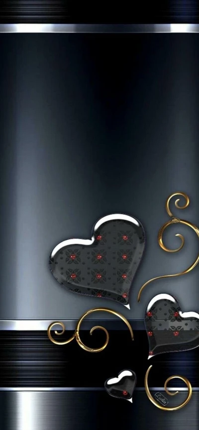 Elegant Black Background with Gold and Silver Hearts