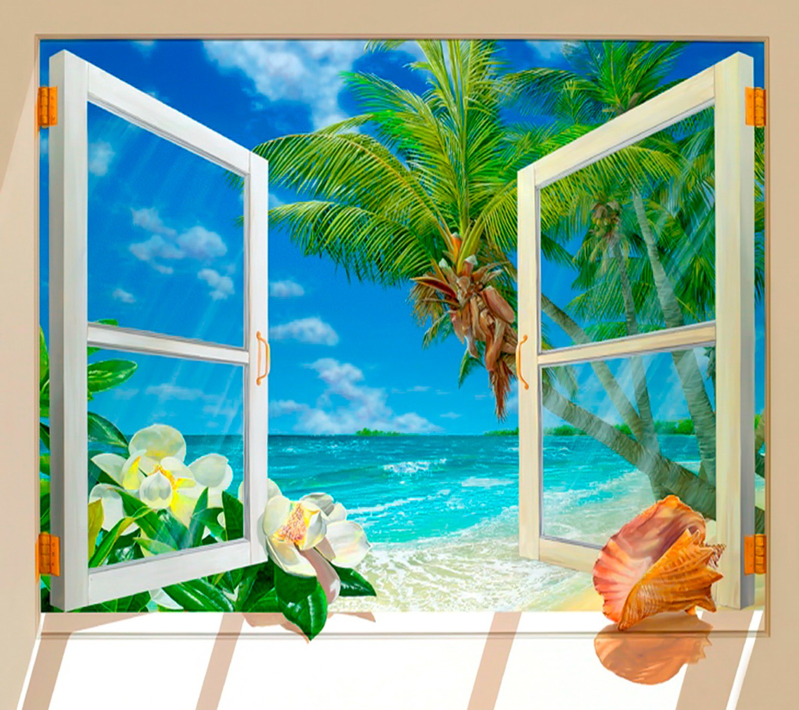 A view of a beach with a shell and palm tree from an open window (beach, landscape)