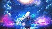 anime, girls, night, sky, scenery wallpaper