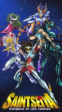 Grupo dinámico de guerreros armados de "Saint Seiya" en un fondo cósmico, mostrando sus diseños y poderes únicos.