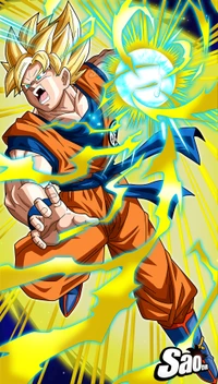 Goku dinâmico lançando um ataque Kamehameha