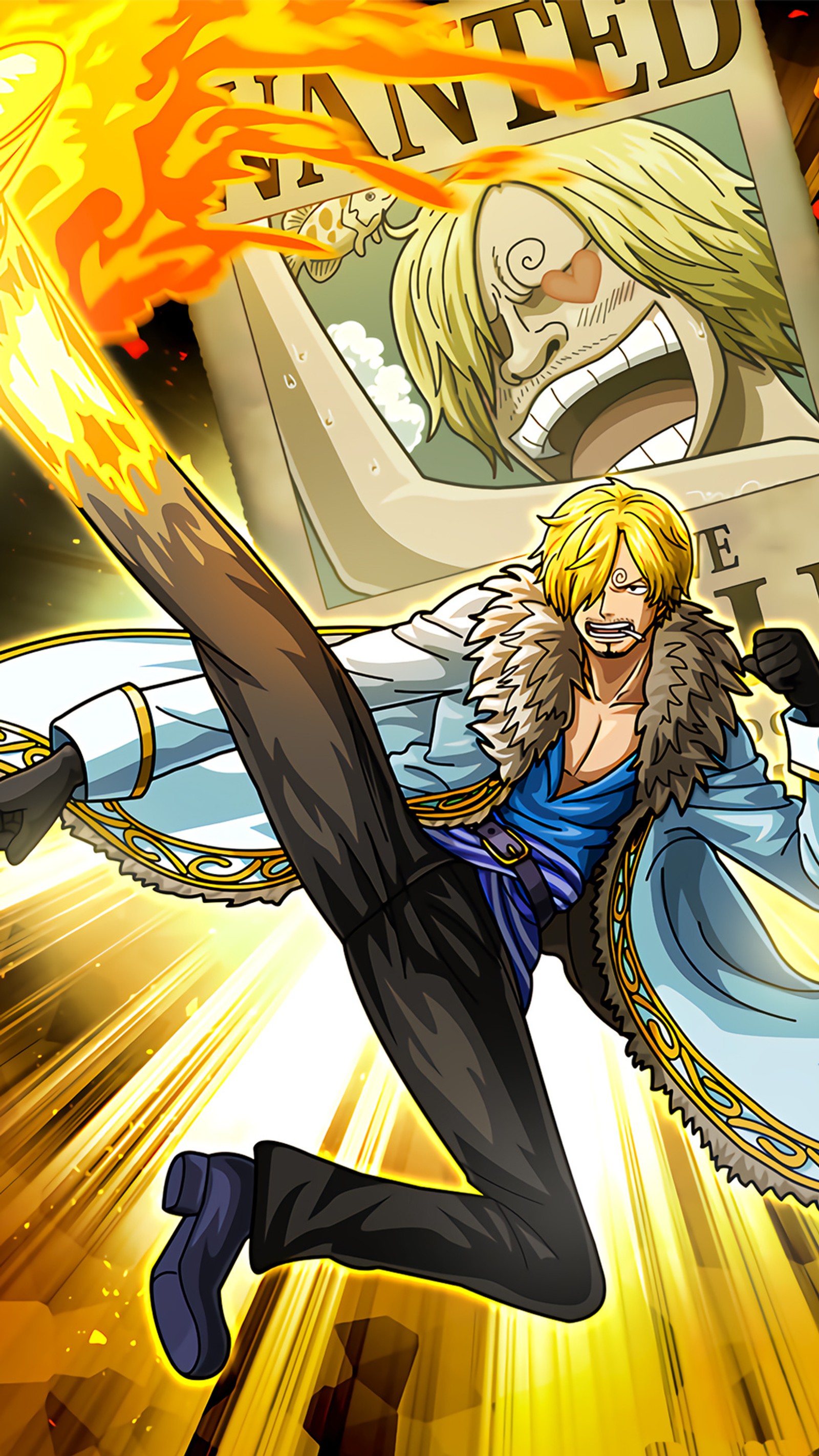 Personaje de anime con una bola de fuego en la mano y una revista de fondo (one piece, sanji)