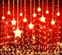 Golden stars shimmering against a festive red backdrop, creating a merry Christmas atmosphere.