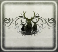 Stylized Silhouette of Animals with Antlers Among Ornate Swirls