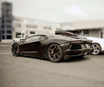 Elegantly geparkter schwarzer Lamborghini Aventador