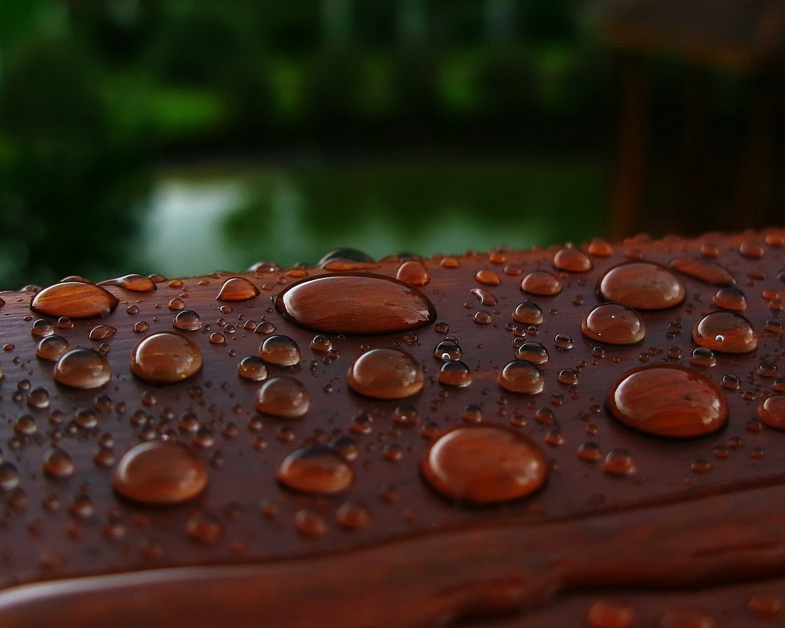 A close up of a wooden bench with water droplets on it (bubbles, water)