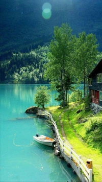 Retraite sereine au bord du lac avec bateau et nature pittoresque