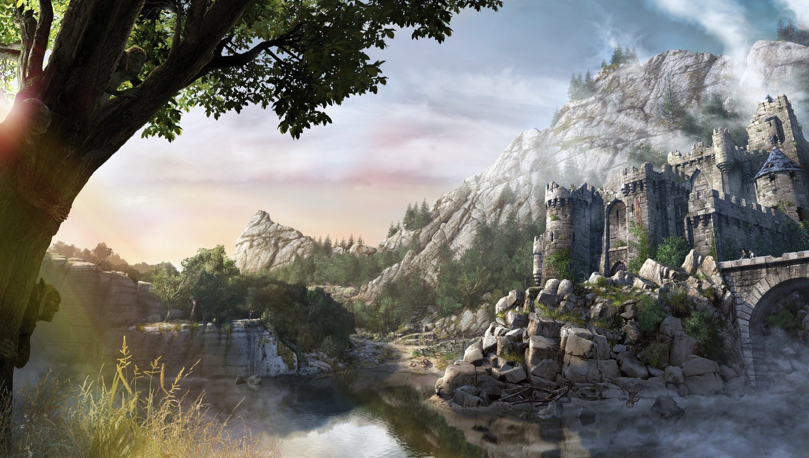 A picture taken from a video game of a castle in the mountains (work of art, art, painting, tree, landscape)