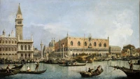 Un sereno paisaje urbano que representa góndolas navegando por un tranquilo canal cerca del majestuoso Palazzo Ducale y el icónico Campanile, con un cielo despejado y una actividad animada en la vibrante Plaza San Marco de Venecia.