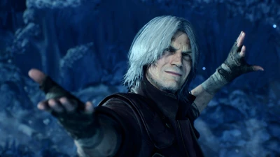 Dante de Devil May Cry 5, posando confiantemente com os braços estendidos contra um fundo escuro e gelado.