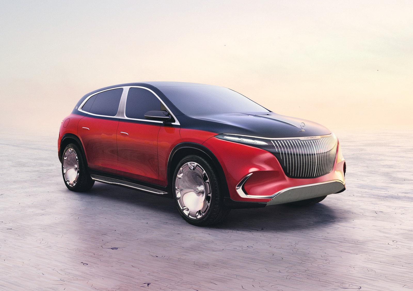 Une voiture rouge est garée sur une plage avec un fond de ciel (concept mercedes maybach eqs, voitures électriques, voitures conceptuelles, 2021, voitures)