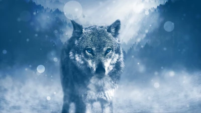 Majestätischer schwarzer Wolf in einer frostigen blauen Wildnis