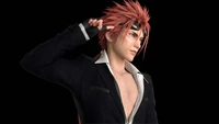 Reno from Final Fantasy VII Remake with a stylish salute and striking red spiky hair.