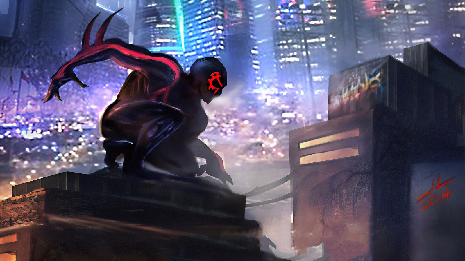 Spider - man in a city at night with a piano (spider man 2099, comics, marvel comics)