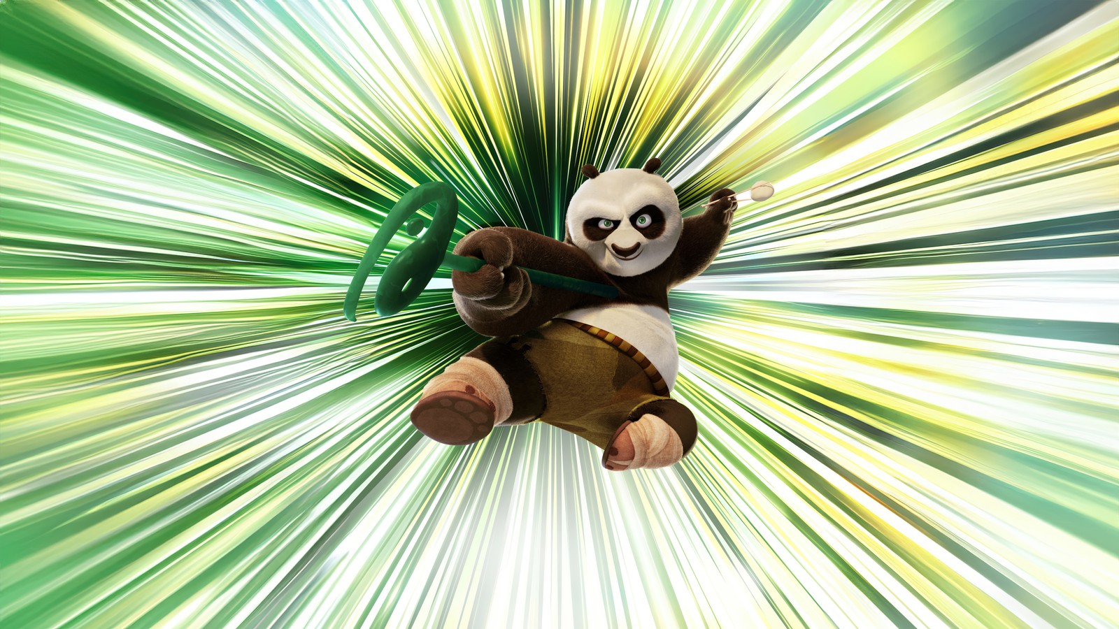 Oso panda con un paraguas verde en un fondo verde y blanco (po, kung fu panda 4, película)