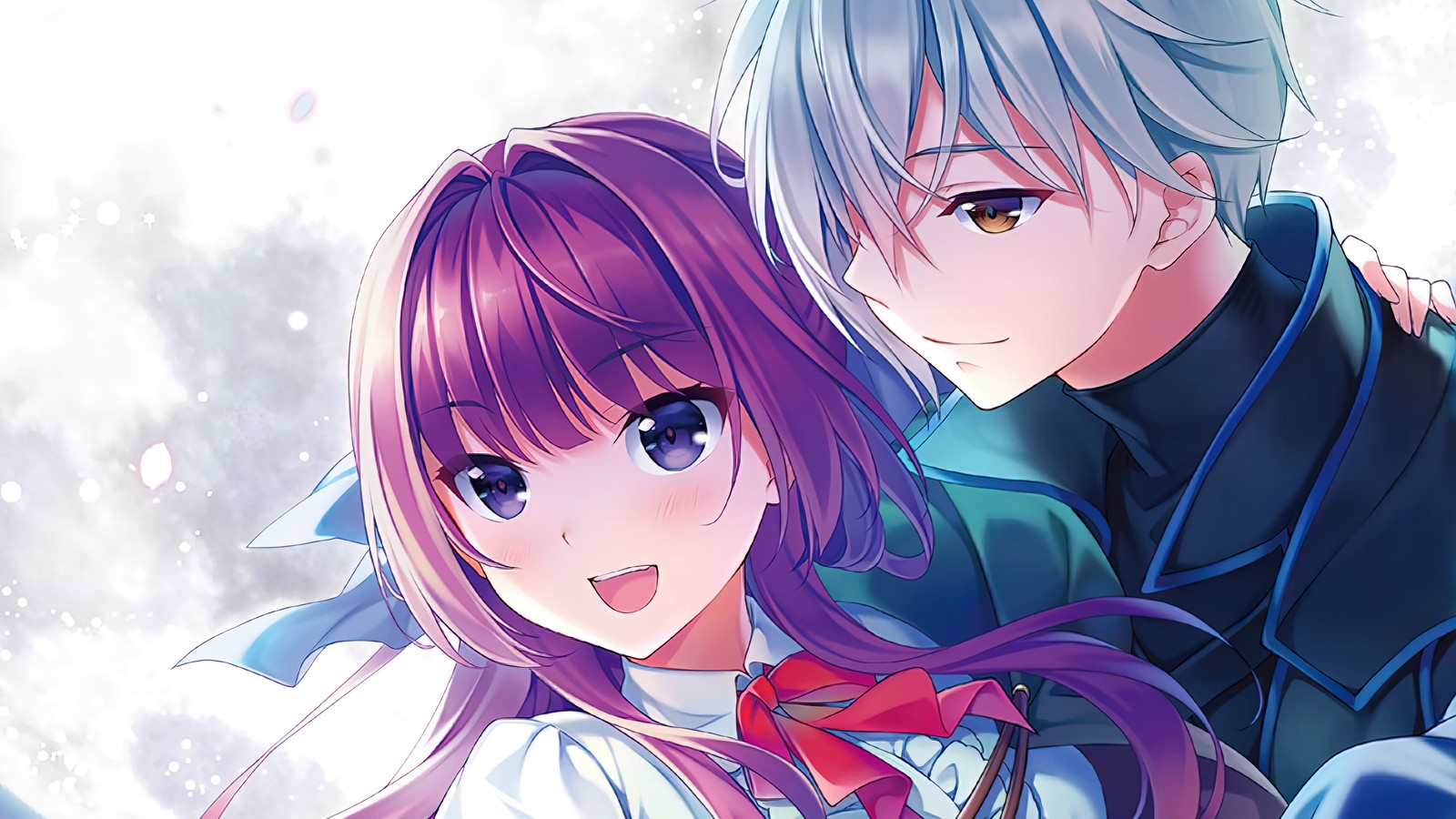 Pareja de anime con cabello morado y ojos azules de pie frente a un fondo cubierto de nieve (crónicas del espíritu, anime, 精霊幻想記, seirei gensouki, río)