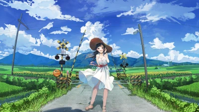 anime, anime mädchen, schön, sommer, landschaft